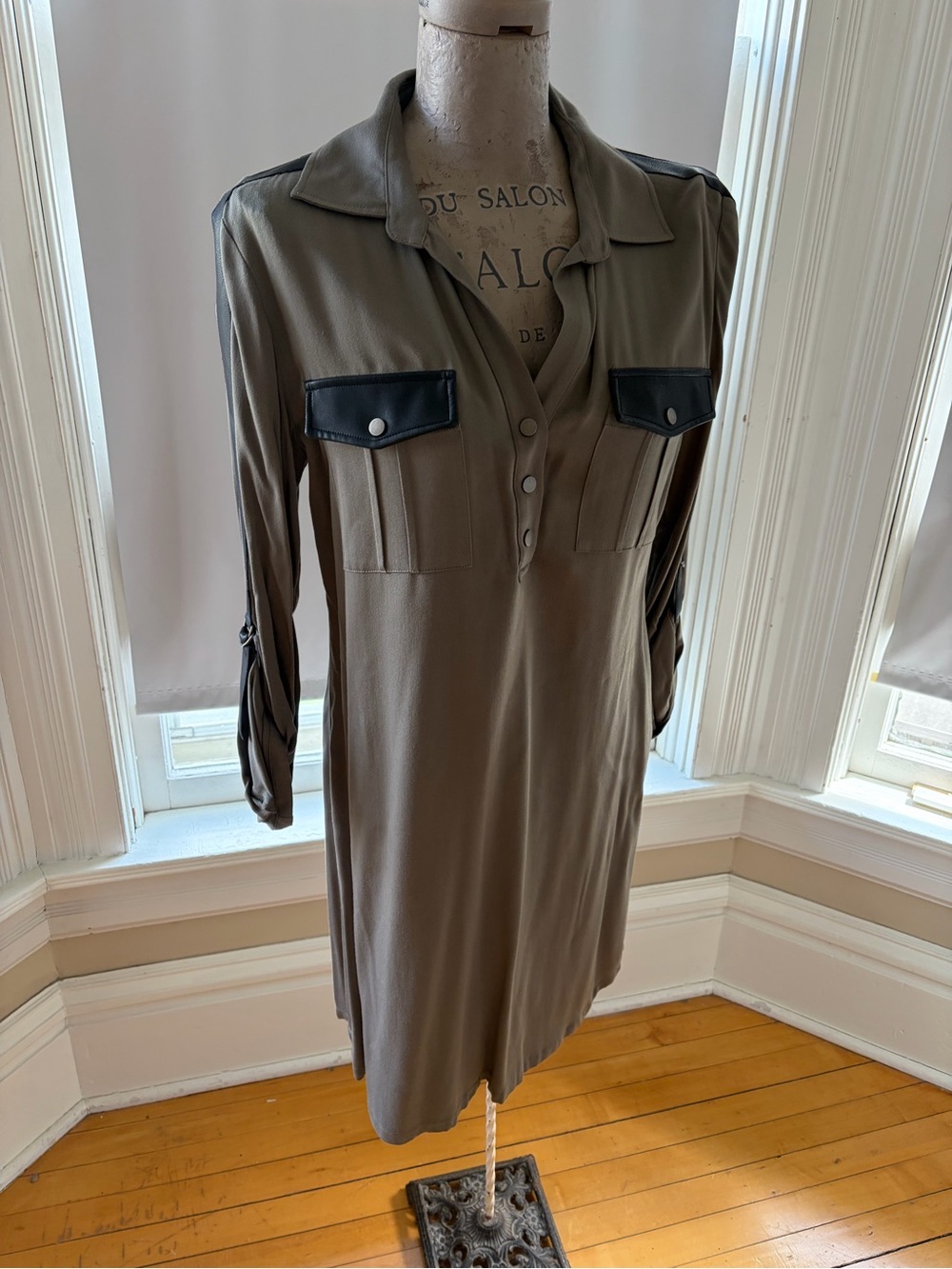 Button-Front Utility Shirt Dress in Olive